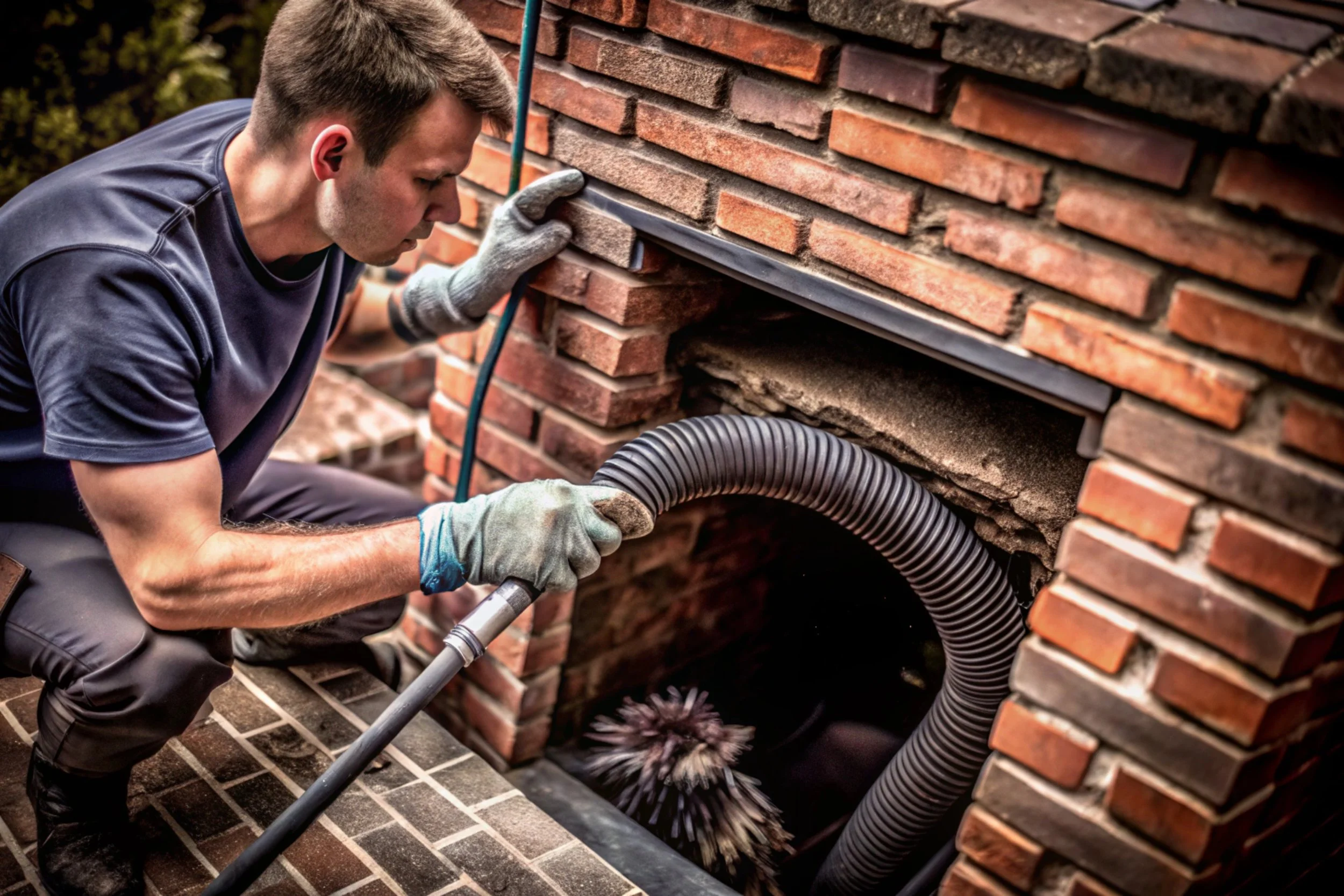 Chimney cleaning service at a fireplace