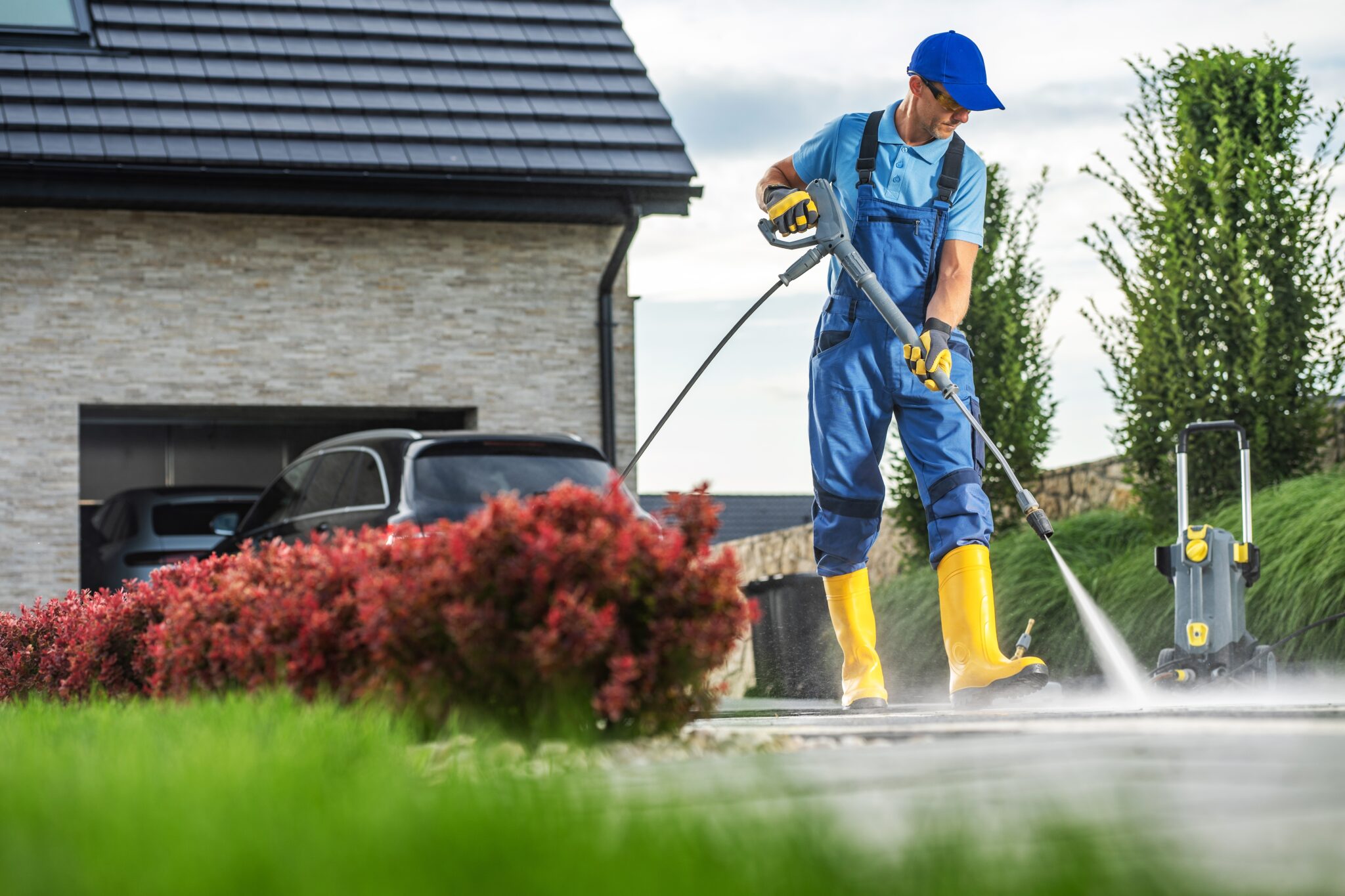 Professional pressure washing outside a home